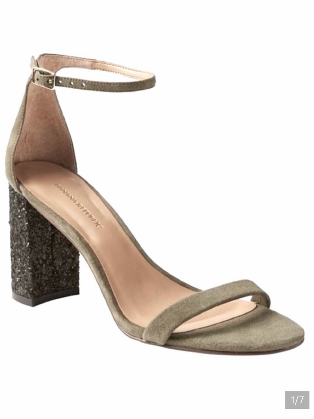 Banana Republic Olive Suede Ankle-Strap Block Heel Sandal with Glitter Heel